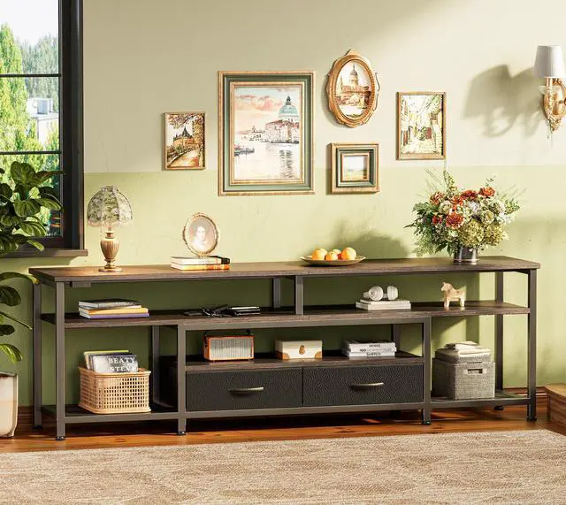Alt view image 7 of 7 - Huuger 63 Inch LED TV Stand for 65 70 Inch TV, Entertainment Center with Open Shelves and Power Outlets, TV Console for Living Room, Media Console with Drawers, Black