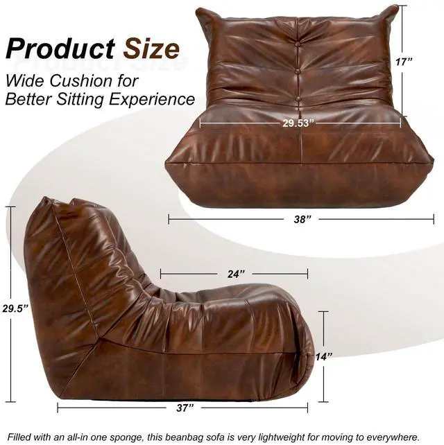 Alt view image 2 of 7 - Hobestluk Giant Bean Bag Chair Lazy Floor Sofa, Memory Foam Fireside Sofa for Adults, Big Beanbag Faux Leather Armless Chair for Living Room Bedroom Dorm Office (Brown, Single)
