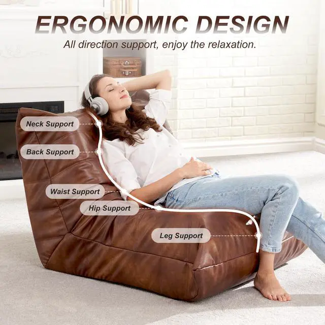 Alt view image 4 of 7 - Hobestluk Giant Bean Bag Chair Lazy Floor Sofa, Memory Foam Fireside Sofa for Adults, Big Beanbag Faux Leather Armless Chair for Living Room Bedroom Dorm Office (Brown, Single)