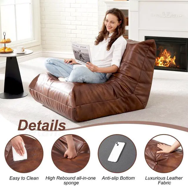 Alt view image 5 of 7 - Hobestluk Giant Bean Bag Chair Lazy Floor Sofa, Memory Foam Fireside Sofa for Adults, Big Beanbag Faux Leather Armless Chair for Living Room Bedroom Dorm Office (Brown, Single)