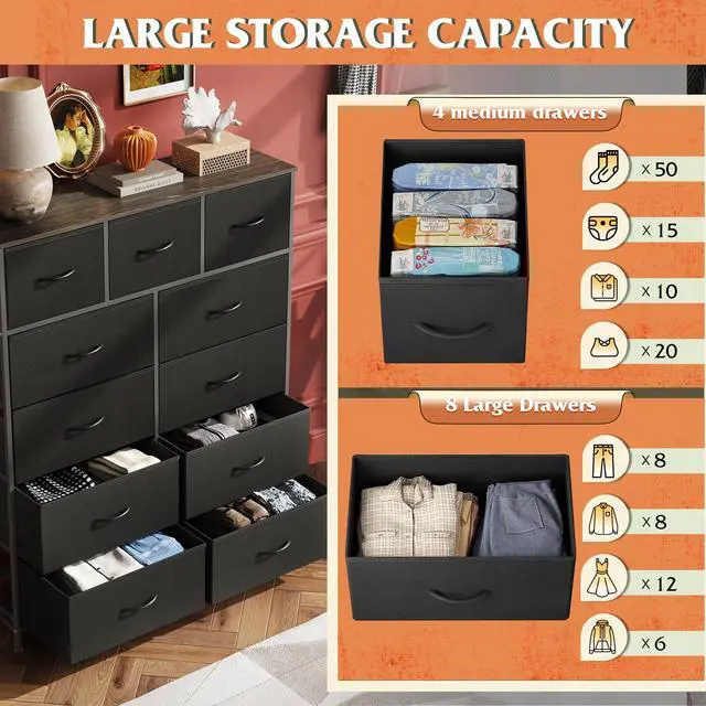 Alt view image 4 of 7 - WLIVE Tall Dresser for Bedroom, Fabric Dressers Storage Tower, Dresser & Chest of Drawers Organizer Unit with 11 Drawers, Storage Cabinet, Hallway, Closets, Steel Frame, Wood Top, Charcoal Black