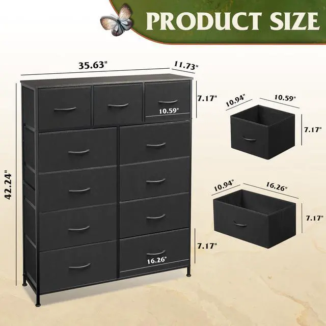 Alt view image 7 of 7 - WLIVE Tall Dresser for Bedroom, Fabric Dressers Storage Tower, Dresser & Chest of Drawers Organizer Unit with 11 Drawers, Storage Cabinet, Hallway, Closets, Steel Frame, Wood Top, Charcoal Black