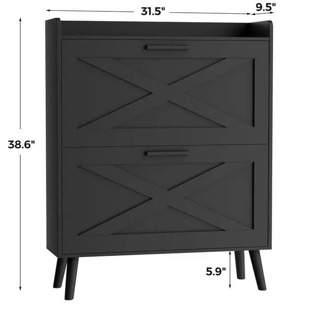 Alt view image 3 of 7 - Homleke 32" W Farmhouse Shoe Storage Cabinet with 2 Flip Drawers and Barn Door Design, Adjustable Shelves, Modern Hidden Slim Narrow Shoe Rack Cabinet for Entryway, Foyer, Hallway, Living Room, Black