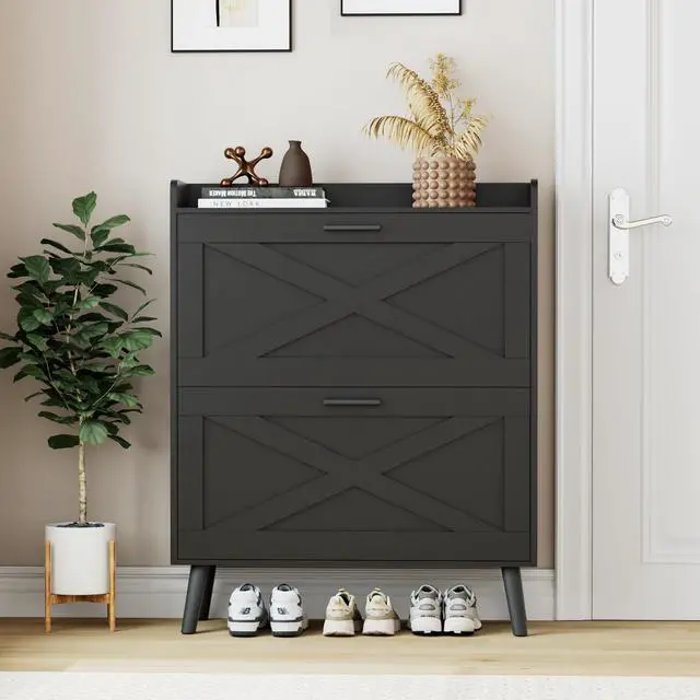 Main image of Homleke 32" W Farmhouse Shoe Storage Cabinet with 2 Flip Drawers and Barn Door Design, Adjustable Shelves, Modern Hidden Slim Narrow Shoe Rack Cabinet for Entryway, Foyer, Hallway, Living Room, Black