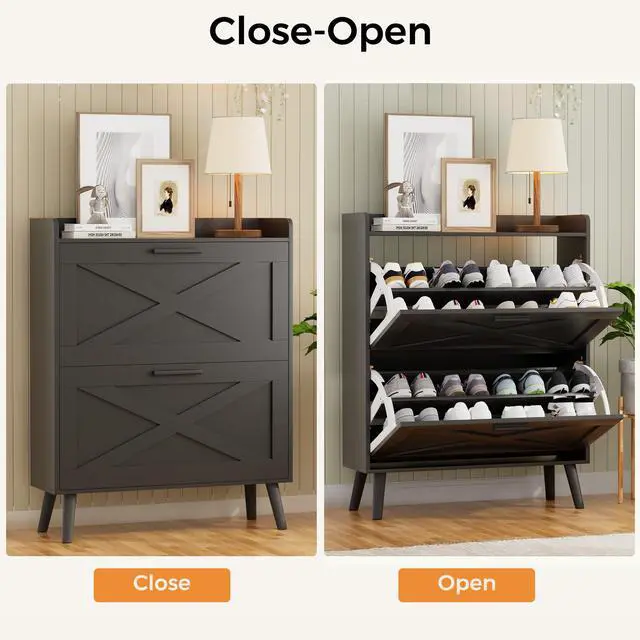 Alt view image 6 of 7 - Homleke 32" W Farmhouse Shoe Storage Cabinet with 2 Flip Drawers and Barn Door Design, Adjustable Shelves, Modern Hidden Slim Narrow Shoe Rack Cabinet for Entryway, Foyer, Hallway, Living Room, Black