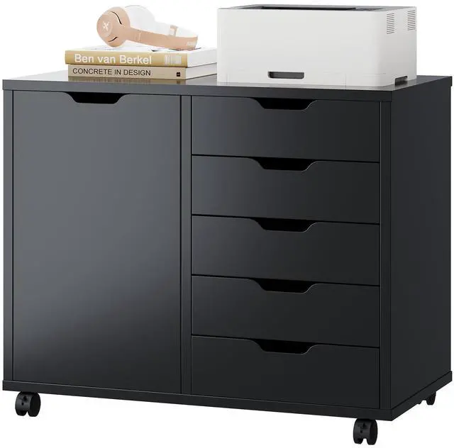 Main image of DUMOS 5 Drawer File Cabinet Office Drawers Organizer with Wheels Rolling, Under Desk Cabinets with Shelves and Door Printer Stand with Wood Board Metal Frame for Home Office Storage Craft Room, Black