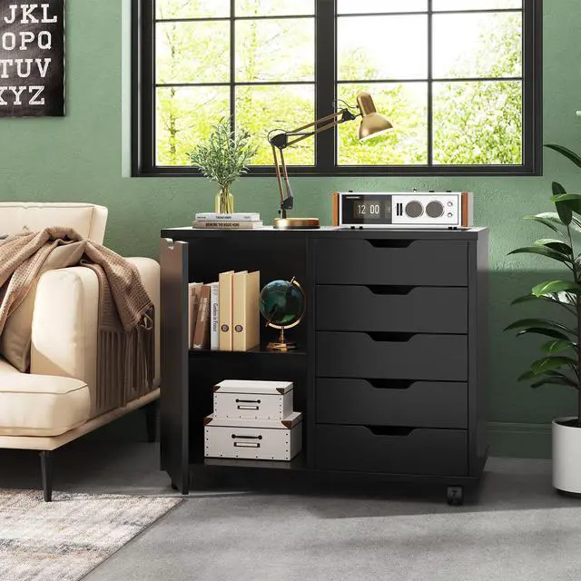 Alt view image 2 of 7 - DUMOS 5 Drawer File Cabinet Office Drawers Organizer with Wheels Rolling, Under Desk Cabinets with Shelves and Door Printer Stand with Wood Board Metal Frame for Home Office Storage Craft Room, Black