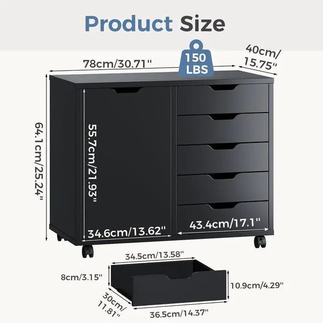 Alt view image 3 of 7 - DUMOS 5 Drawer File Cabinet Office Drawers Organizer with Wheels Rolling, Under Desk Cabinets with Shelves and Door Printer Stand with Wood Board Metal Frame for Home Office Storage Craft Room, Black
