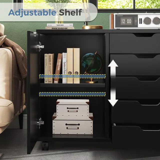 Alt view image 5 of 7 - DUMOS 5 Drawer File Cabinet Office Drawers Organizer with Wheels Rolling, Under Desk Cabinets with Shelves and Door Printer Stand with Wood Board Metal Frame for Home Office Storage Craft Room, Black