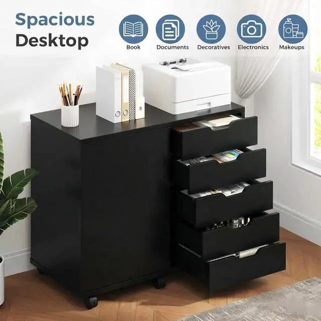Alt view image 6 of 7 - DUMOS 5 Drawer File Cabinet Office Drawers Organizer with Wheels Rolling, Under Desk Cabinets with Shelves and Door Printer Stand with Wood Board Metal Frame for Home Office Storage Craft Room, Black