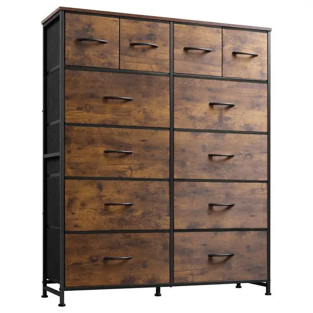Main image of WLIVE Tall Dresser for Bedroom with 12 Drawers, Dressers & Chests of Drawers, Fabric Dressers for Closet, Storage Dresser Organizer with Steel Frame, Wood Top, Rustic Brown Wood Grain Print