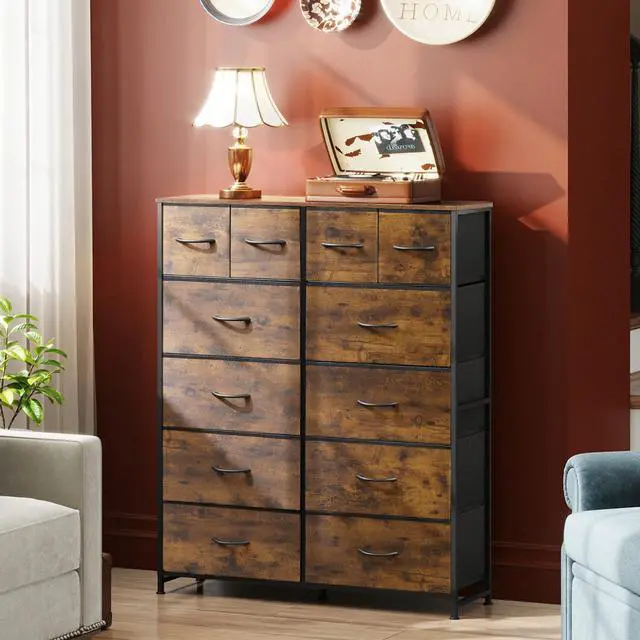 Alt view image 3 of 7 - WLIVE Tall Dresser for Bedroom with 12 Drawers, Dressers & Chests of Drawers, Fabric Dressers for Closet, Storage Dresser Organizer with Steel Frame, Wood Top, Rustic Brown Wood Grain Print