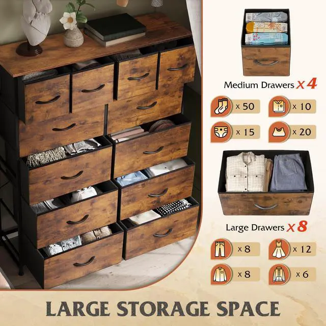 Alt view image 4 of 7 - WLIVE Tall Dresser for Bedroom with 12 Drawers, Dressers & Chests of Drawers, Fabric Dressers for Closet, Storage Dresser Organizer with Steel Frame, Wood Top, Rustic Brown Wood Grain Print