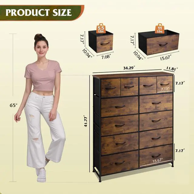 Alt view image 5 of 7 - WLIVE Tall Dresser for Bedroom with 12 Drawers, Dressers & Chests of Drawers, Fabric Dressers for Closet, Storage Dresser Organizer with Steel Frame, Wood Top, Rustic Brown Wood Grain Print