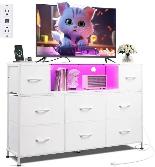 Main image of WLIVE White Dresser TV Stand for 45, 50, 55 inch TV, Entertainment Center with LED Lights & Charging Station, Chest of Drawers with 8 Fabric Drawers and Open Shelves for Living Room, Hallway, Wood Top
