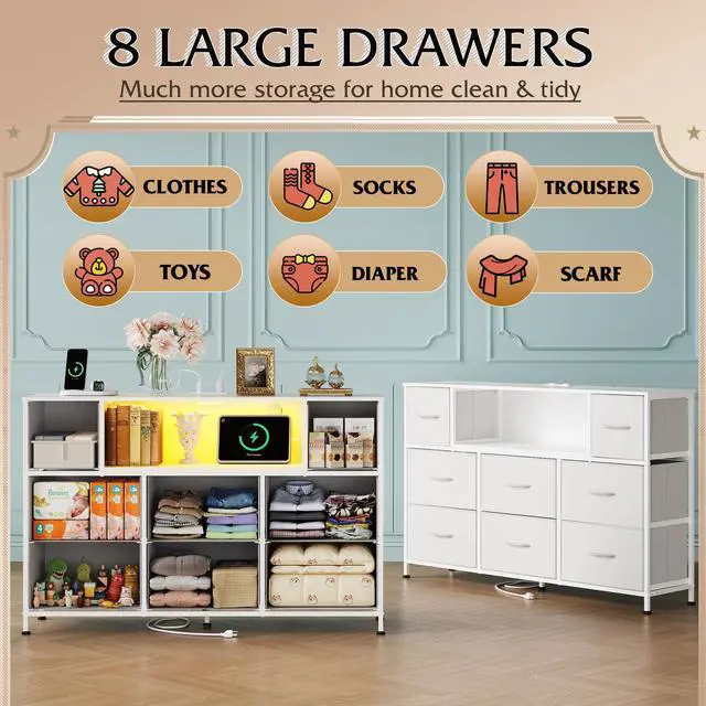 Alt view image 3 of 7 - WLIVE White Dresser TV Stand for 45, 50, 55 inch TV, Entertainment Center with LED Lights & Charging Station, Chest of Drawers with 8 Fabric Drawers and Open Shelves for Living Room, Hallway, Wood Top