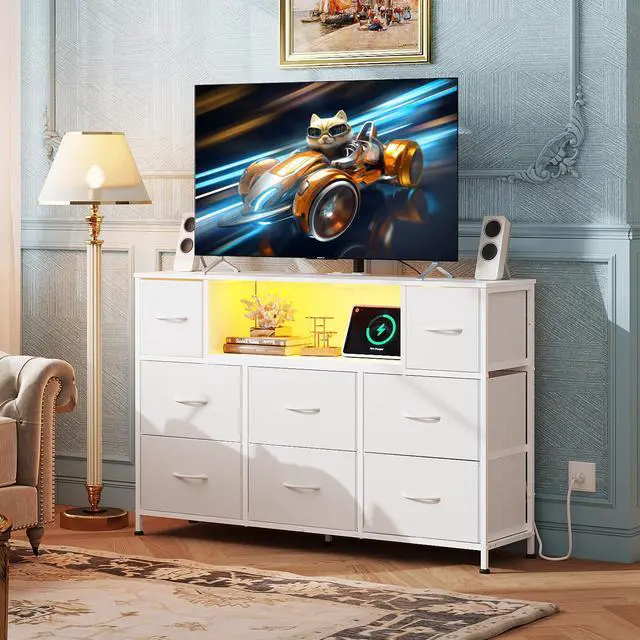 Alt view image 2 of 7 - WLIVE White Dresser TV Stand for 45, 50, 55 inch TV, Entertainment Center with LED Lights & Charging Station, Chest of Drawers with 8 Fabric Drawers and Open Shelves for Living Room, Hallway, Wood Top