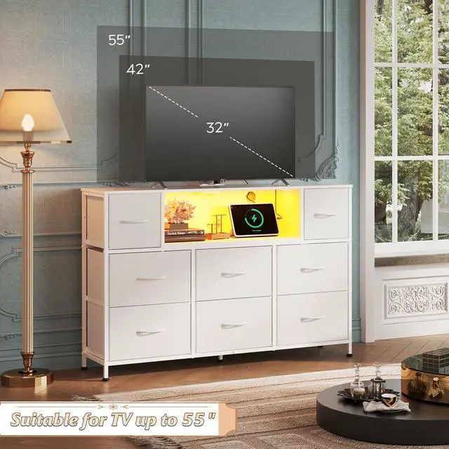 Alt view image 6 of 7 - WLIVE White Dresser TV Stand for 45, 50, 55 inch TV, Entertainment Center with LED Lights & Charging Station, Chest of Drawers with 8 Fabric Drawers and Open Shelves for Living Room, Hallway, Wood Top