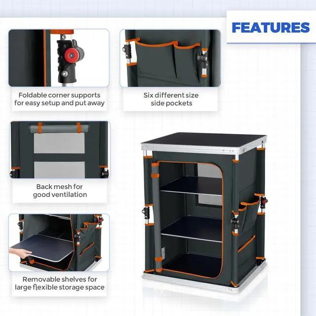 Alt view image 2 of 7 - EAGLE PEAK Outdoor Folding Camping Table with Large 3-Tier Storage Organizer and Side Pockets, Easy Set Up Portable Aluminum Camping Kitchen, Gray