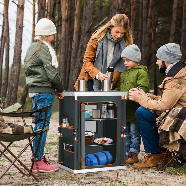 Alt view image 5 of 7 - EAGLE PEAK Outdoor Folding Camping Table with Large 3-Tier Storage Organizer and Side Pockets, Easy Set Up Portable Aluminum Camping Kitchen, Gray