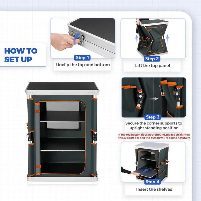 Alt view image 6 of 7 - EAGLE PEAK Outdoor Folding Camping Table with Large 3-Tier Storage Organizer and Side Pockets, Easy Set Up Portable Aluminum Camping Kitchen, Gray