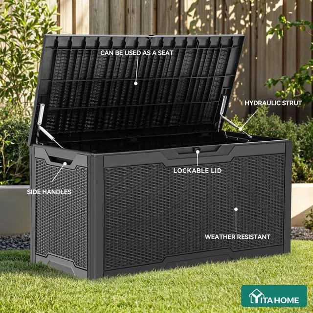Alt view image 5 of 7 - YITAHOME 100 Gallon Large Resin Deck Box Outdoor Storage Boxes for Patio Furniture, Outdoor Cushions, Garden Tools and Pool Supplies-Waterproof,Lockable (Black)