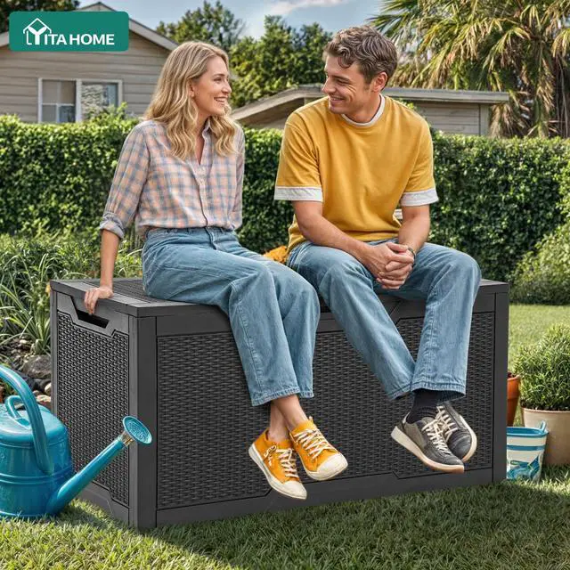 Alt view image 3 of 7 - YITAHOME 100 Gallon Large Resin Deck Box Outdoor Storage Boxes for Patio Furniture, Outdoor Cushions, Garden Tools and Pool Supplies-Waterproof,Lockable (Black)