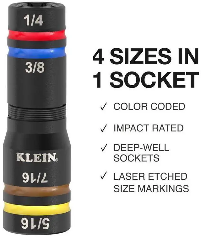Alt view image 2 of 6 - Klein Tools 656QS KNECT Quad Socket, 24 Sizes in 6 Sockets, 4-in-1 Color Coded SAE and Metric Impact Rated, Deep-Well Heavy-Duty, 1/4-and 3/8-Inch Drive, 3-1/2-and 6-1/2-Inch Shaft