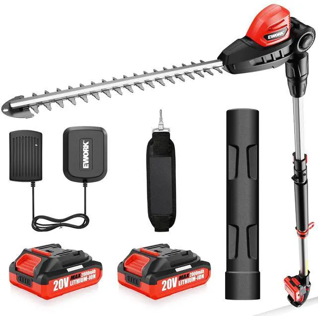 Main image of EWORK 20V Cordless Pole Hedge Trimmer with 2 Batteries and Charger, 18-Inch Blade Pole Trimmer, 6.3Ft-8.6Ft Extended Reach, 11-Angle Pivoting Head, Lightweight 6 LBS Battery Powered Bush Shrub Cutter