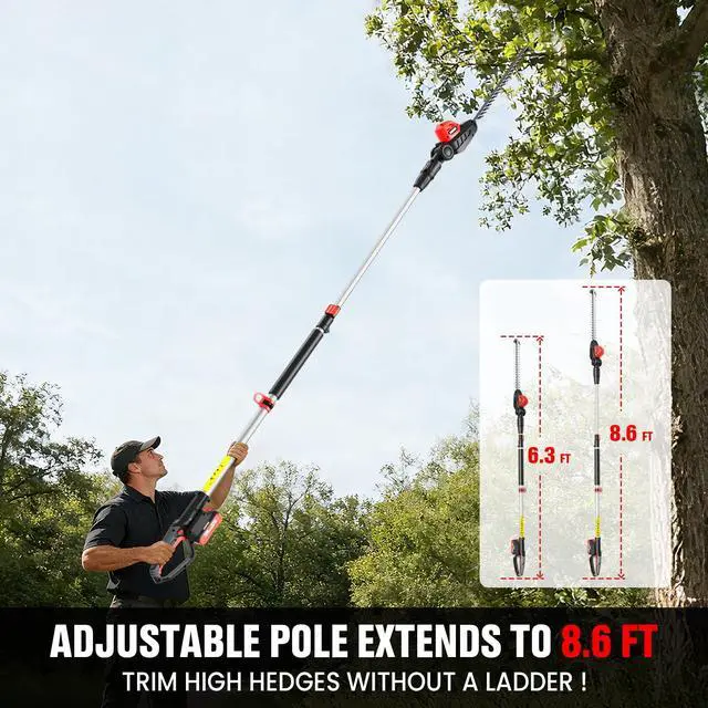 Alt view image 2 of 7 - EWORK 20V Cordless Pole Hedge Trimmer with 2 Batteries and Charger, 18-Inch Blade Pole Trimmer, 6.3Ft-8.6Ft Extended Reach, 11-Angle Pivoting Head, Lightweight 6 LBS Battery Powered Bush Shrub Cutter