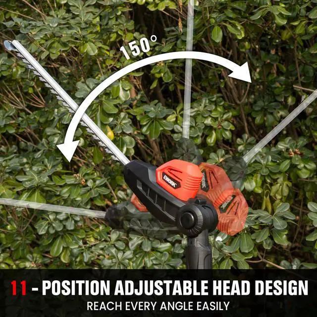 Alt view image 4 of 7 - EWORK 20V Cordless Pole Hedge Trimmer with 2 Batteries and Charger, 18-Inch Blade Pole Trimmer, 6.3Ft-8.6Ft Extended Reach, 11-Angle Pivoting Head, Lightweight 6 LBS Battery Powered Bush Shrub Cutter
