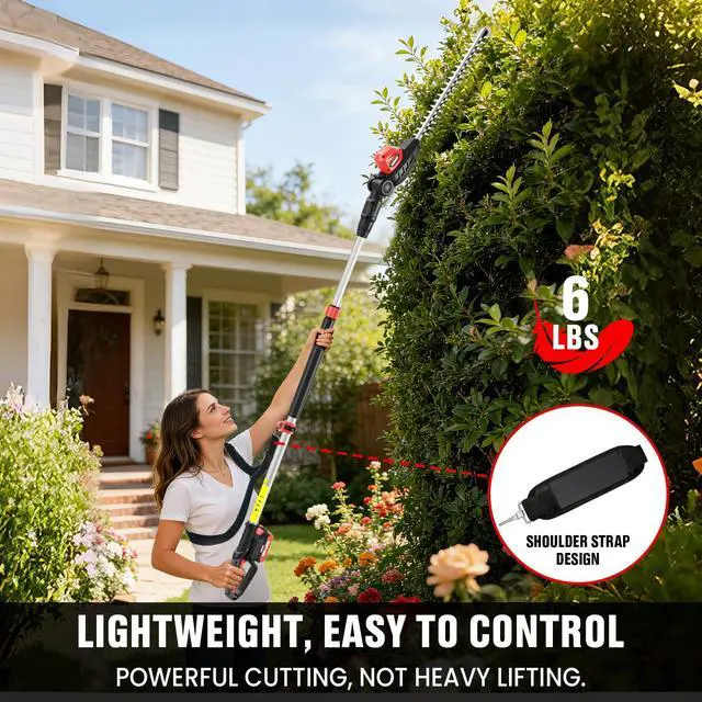 Alt view image 5 of 7 - EWORK 20V Cordless Pole Hedge Trimmer with 2 Batteries and Charger, 18-Inch Blade Pole Trimmer, 6.3Ft-8.6Ft Extended Reach, 11-Angle Pivoting Head, Lightweight 6 LBS Battery Powered Bush Shrub Cutter