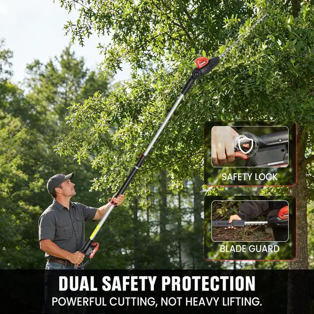 Alt view image 6 of 7 - EWORK 20V Cordless Pole Hedge Trimmer with 2 Batteries and Charger, 18-Inch Blade Pole Trimmer, 6.3Ft-8.6Ft Extended Reach, 11-Angle Pivoting Head, Lightweight 6 LBS Battery Powered Bush Shrub Cutter