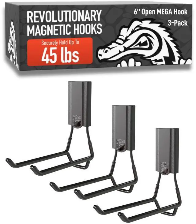 Main image of GATOR MAGNETICS MEGA 6 in Open Hooks, 45 lb Heavy Duty Magnetic Hooks for Steel Surfaces, Patented Easy-Release, Non-Slip Grip Storage & Organization, Garage, Home Tools & Gear Storage 3 Pack