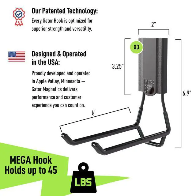 Alt view image 2 of 7 - GATOR MAGNETICS MEGA 6 in Open Hooks, 45 lb Heavy Duty Magnetic Hooks for Steel Surfaces, Patented Easy-Release, Non-Slip Grip Storage & Organization, Garage, Home Tools & Gear Storage 3 Pack
