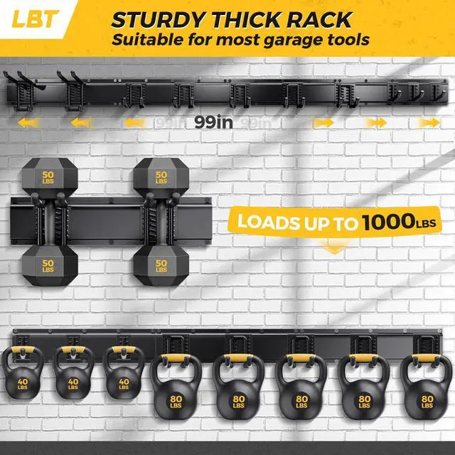 Alt view image 2 of 7 - LBT 99" Garage Tool Organizer Wall Mount - 1000lbs Garden Tool Organizer with Adjustable Hooks, Heavy Duty Metal Garage Storage Rack, Anti-Rust Shed Rack Holder Hanging Rake Broom Mower Snowboard