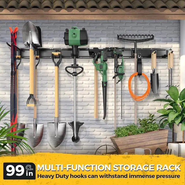 Alt view image 3 of 7 - LBT 99" Garage Tool Organizer Wall Mount - 1000lbs Garden Tool Organizer with Adjustable Hooks, Heavy Duty Metal Garage Storage Rack, Anti-Rust Shed Rack Holder Hanging Rake Broom Mower Snowboard