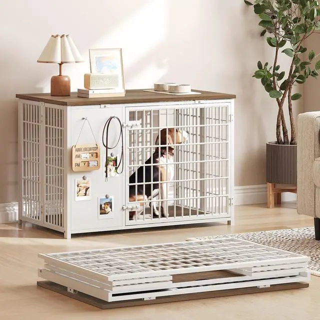 Main image of YATINEY Foldable Dog Crate Furniture, Dog Crate with DIY Frame, Heavy Duty Dog Kennel Indoor with Hooks, Wooden Dog Cage End Table, for Small/Medium Dogs, White and Walnut DC95WH