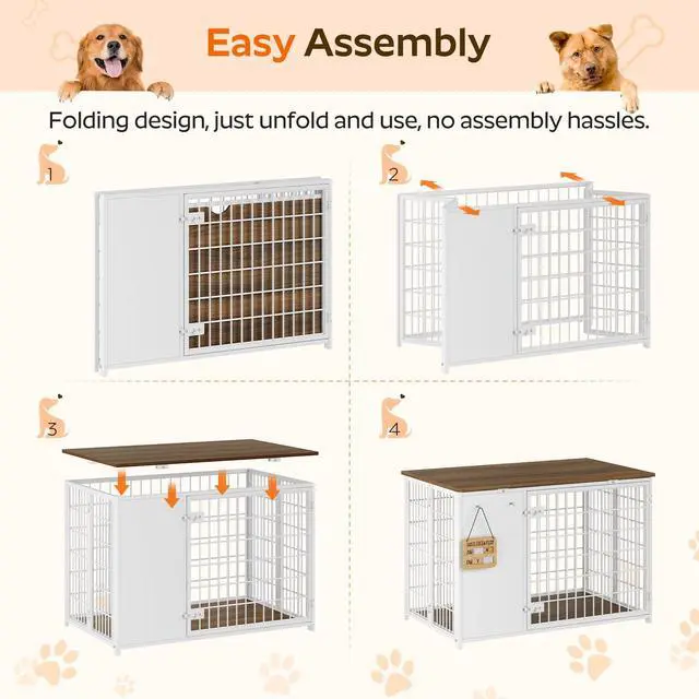 Alt view image 2 of 7 - YATINEY Foldable Dog Crate Furniture, Dog Crate with DIY Frame, Heavy Duty Dog Kennel Indoor with Hooks, Wooden Dog Cage End Table, for Small/Medium Dogs, White and Walnut DC95WH