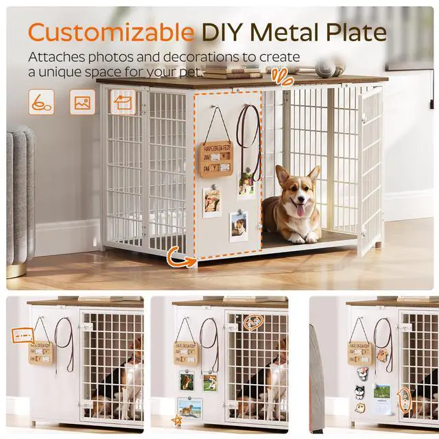 Alt view image 4 of 7 - YATINEY Foldable Dog Crate Furniture, Dog Crate with DIY Frame, Heavy Duty Dog Kennel Indoor with Hooks, Wooden Dog Cage End Table, for Small/Medium Dogs, White and Walnut DC95WH