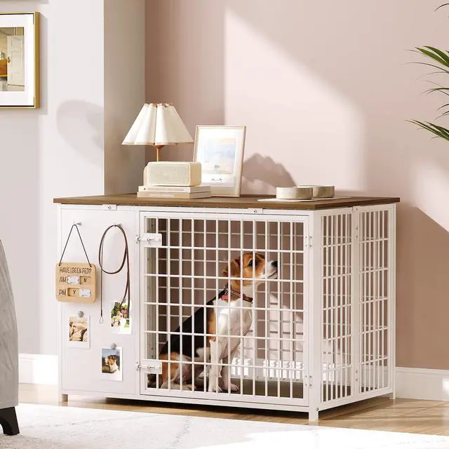 Alt view image 7 of 7 - YATINEY Foldable Dog Crate Furniture, Dog Crate with DIY Frame, Heavy Duty Dog Kennel Indoor with Hooks, Wooden Dog Cage End Table, for Small/Medium Dogs, White and Walnut DC95WH