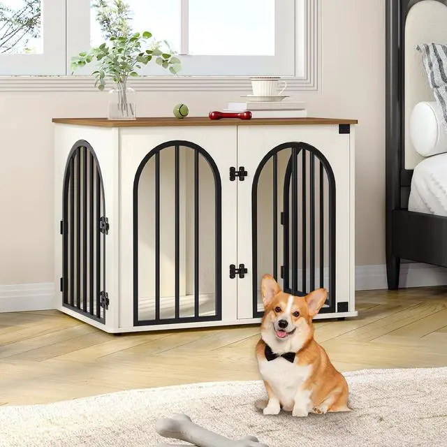 Alt view image 3 of 7 - Hzuaneri 31.5'' Wooden Dog Crate Furniture, Indoor Dog Kennel Dogs Cage for Small/Medium Dogs, Heavy Duty Dog Crates Decorative Pet House End Side Table TV Stand, White Brown DFC85114B