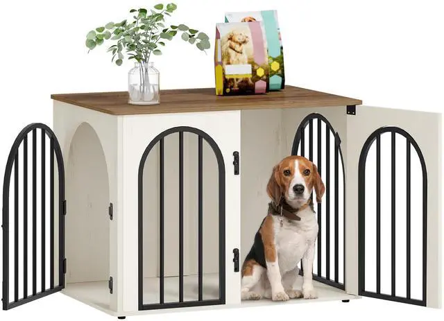 Main image of Hzuaneri 31.5'' Wooden Dog Crate Furniture, Indoor Dog Kennel Dogs Cage for Small/Medium Dogs, Heavy Duty Dog Crates Decorative Pet House End Side Table TV Stand, White Brown DFC85114B
