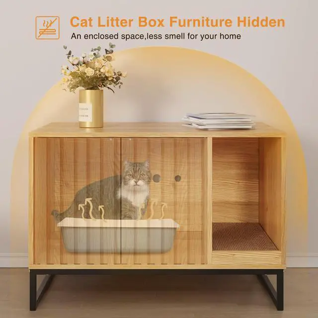 Alt view image 3 of 7 - Halitaa Litter Box Enclosure, Modern Cat Litter Box Enclosure Furniture Hidden Litter Box with Scratch Pad, Cat Washroom House End Table, Entryway Bench for Livingroom (Natural)