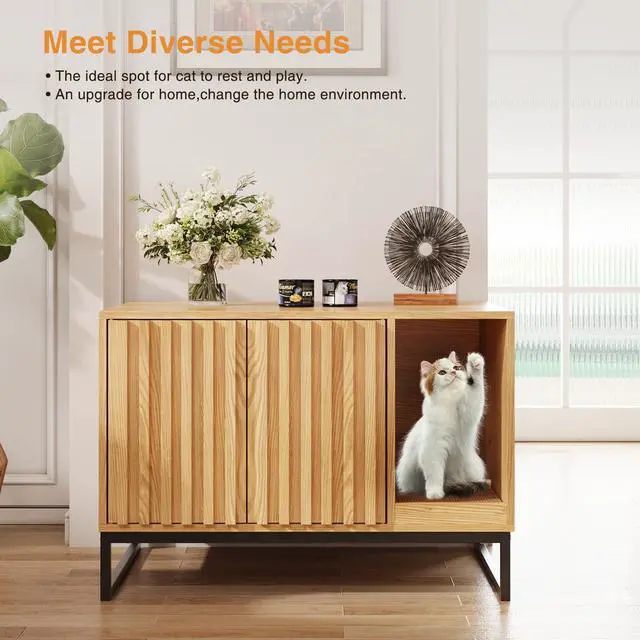 Alt view image 4 of 7 - Halitaa Litter Box Enclosure, Modern Cat Litter Box Enclosure Furniture Hidden Litter Box with Scratch Pad, Cat Washroom House End Table, Entryway Bench for Livingroom (Natural)