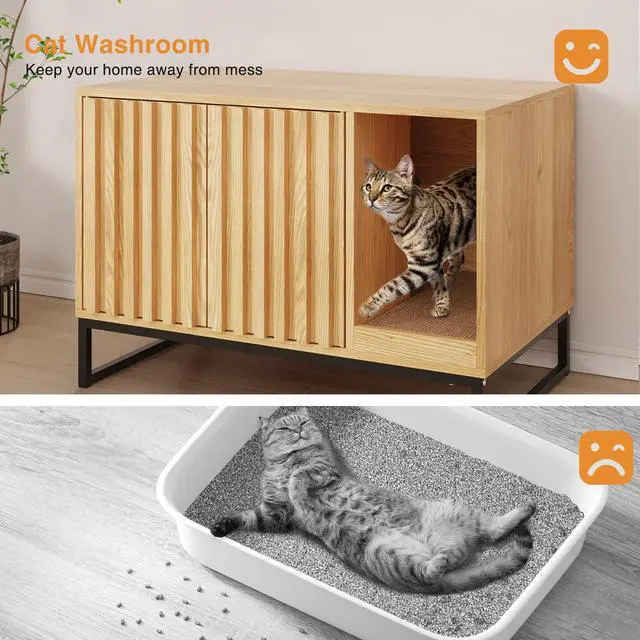 Alt view image 5 of 7 - Halitaa Litter Box Enclosure, Modern Cat Litter Box Enclosure Furniture Hidden Litter Box with Scratch Pad, Cat Washroom House End Table, Entryway Bench for Livingroom (Natural)