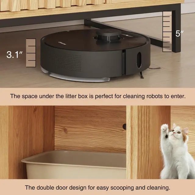 Alt view image 6 of 7 - Halitaa Litter Box Enclosure, Modern Cat Litter Box Enclosure Furniture Hidden Litter Box with Scratch Pad, Cat Washroom House End Table, Entryway Bench for Livingroom (Natural)