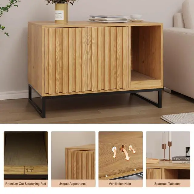 Alt view image 7 of 7 - Halitaa Litter Box Enclosure, Modern Cat Litter Box Enclosure Furniture Hidden Litter Box with Scratch Pad, Cat Washroom House End Table, Entryway Bench for Livingroom (Natural)