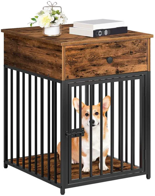 Main image of HOOBRO Dog Crate Furniture, Wooden Dog House, Decorative Dog Kennel with Drawer, Indoor Pet Crate End Table for Small Dog, Steel-Tube Puppy Cage, Chew-Proof, Rustic Brown and Black BF01GW03