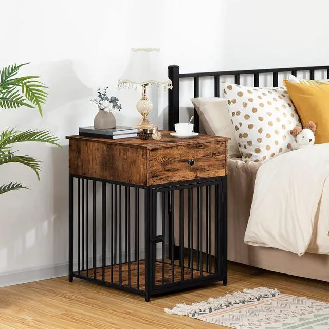 Alt view image 2 of 7 - HOOBRO Dog Crate Furniture, Wooden Dog House, Decorative Dog Kennel with Drawer, Indoor Pet Crate End Table for Small Dog, Steel-Tube Puppy Cage, Chew-Proof, Rustic Brown and Black BF01GW03